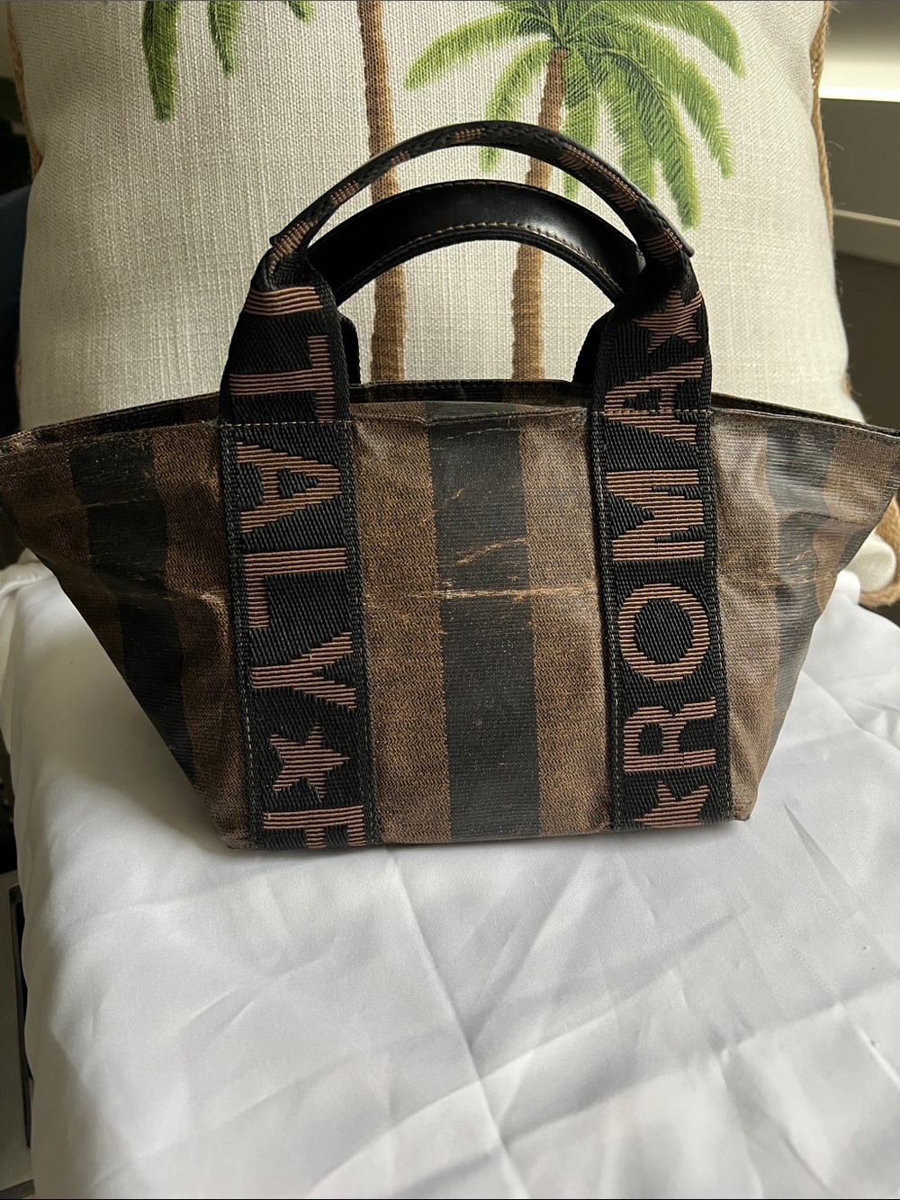 Vintage Fendi Roma Italy Pequin Stripe Mini Tote Bag Brown Black Logo Handle